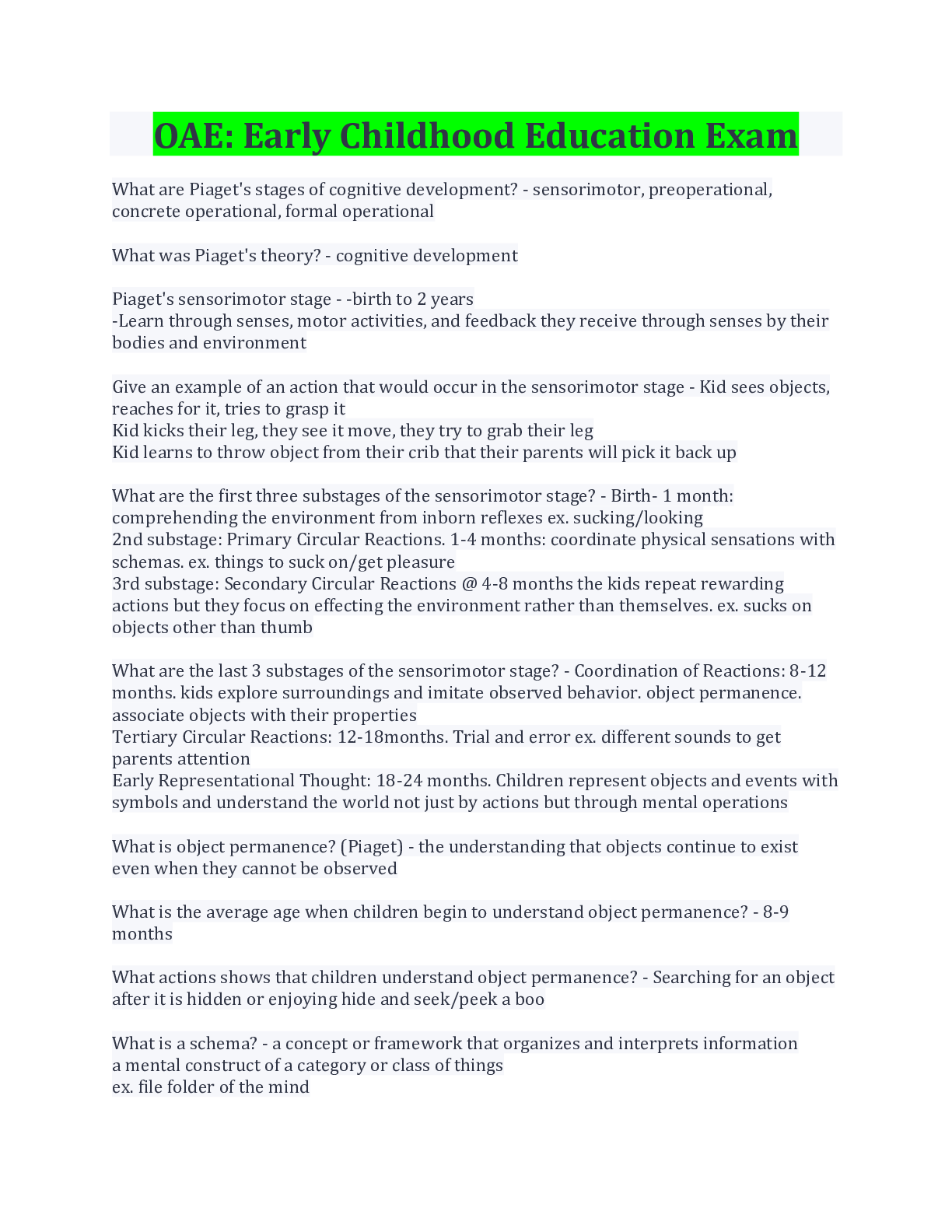 OAE Early Childhood Education Exam Bundle Browsegrades